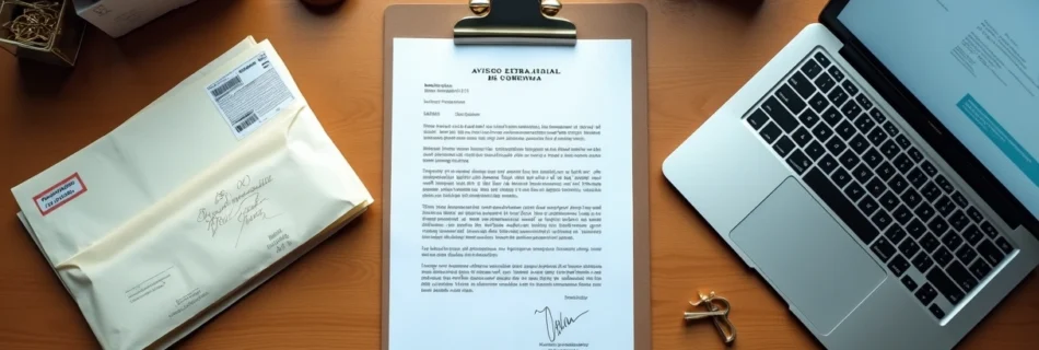 Mesa organizada com carta de cobrança extrajudicial ao lado de laptop com comprovantes digitais