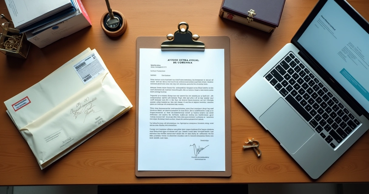 Mesa organizada com carta de cobrança extrajudicial ao lado de laptop com comprovantes digitais