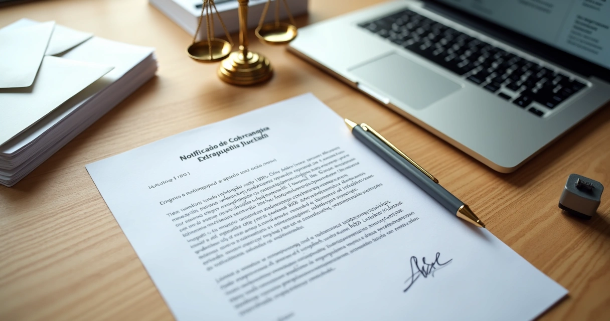 Mesa de escritório com carta de cobrança extrajudicial impressa ao lado de notebook e caneta