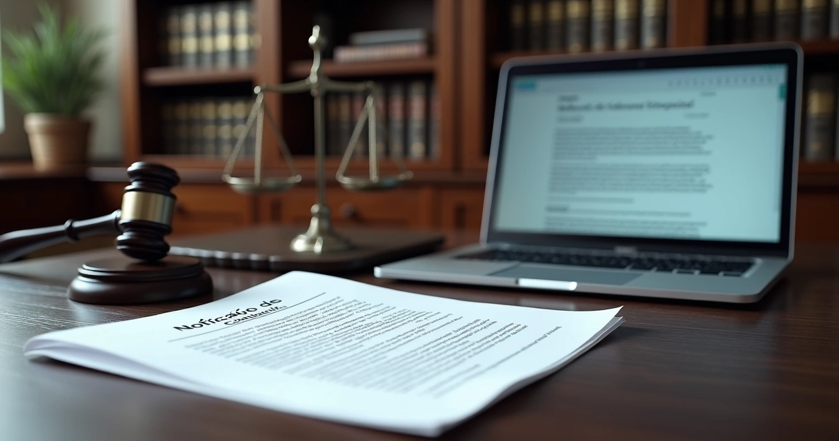 Mesa de advogado com notificação de cobrança extrajudicial impressa ao lado de laptop e símbolos de justiça digital