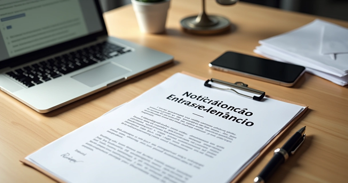 Mesa organizada com documento de notificação extrajudicial de cobrança pronto para assinatura