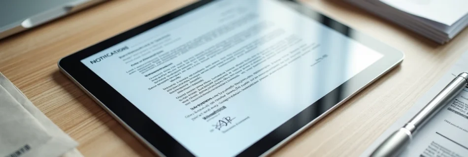 Documento jurídico de notificação extrajudicial de cobrança exibido em tablet sobre mesa de trabalho