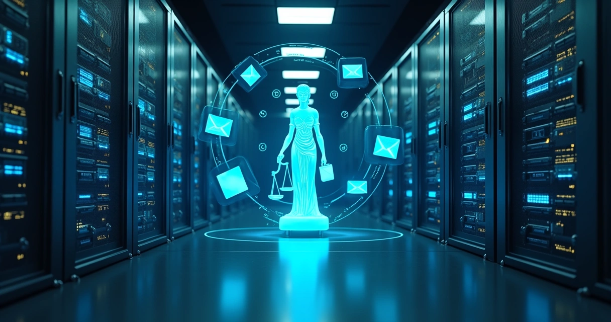 Corredor de servidores iluminados com símbolo de justiça digital flutuando ao centro